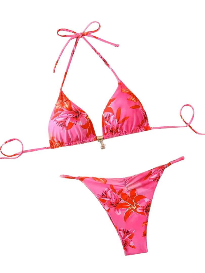 Tainehs Women's Brazillian Triangle Thong Bikini Set Sexy String Two Piece Swimsuit Bathing Suit ( Red Flower, Small)