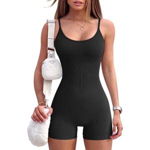Women Workout Seamless Jumpsuit Yoga Ribbed Bodycon One Piece Spaghetti Strap Shorts Romper (Medium, 01black)
