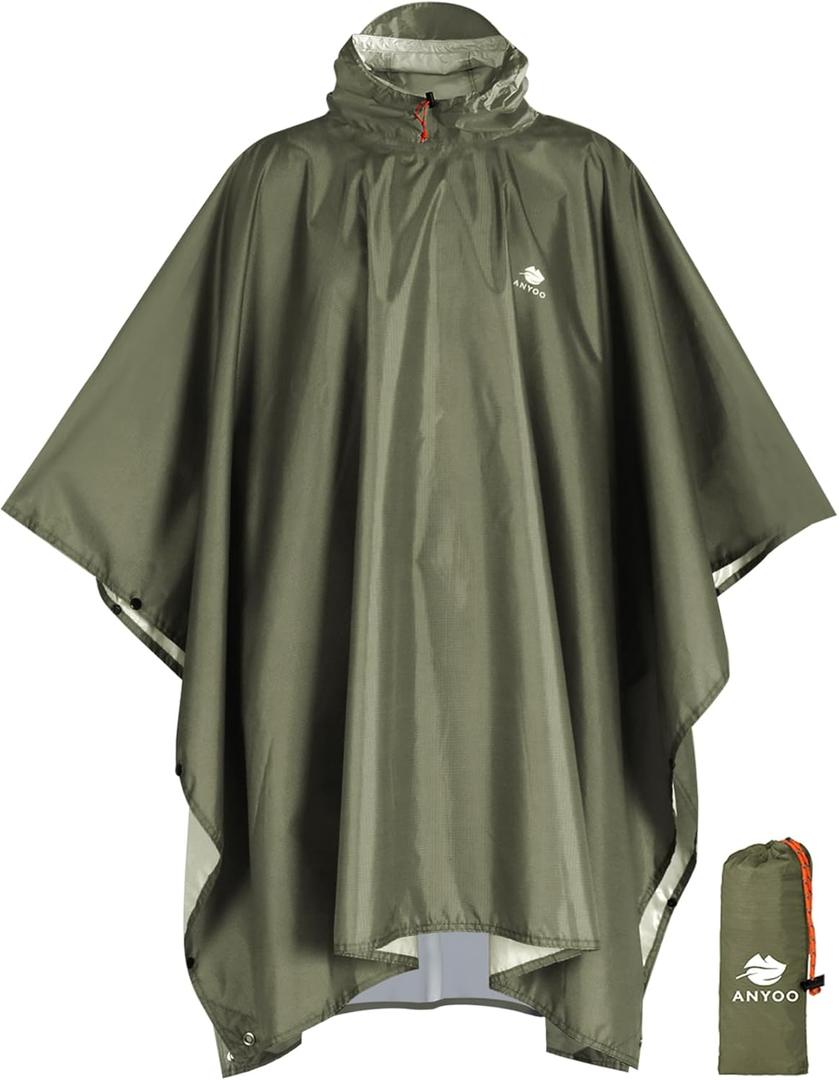 ANYOO Hooded Rain Poncho for Adults Waterproof Lightweight Rain Coat for Men Women Reusable Rain Jacket for Emergency Outdoor (Army Green)