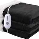 Heated Blanket Electric Throw Size 50''x60'' with 5 Heating Levels, 3 Hour Auto Shut Off, Machine Washable, Flannel & Sherpa Double-Sided Soft Warming Blanket for Couch, Bed, Office - Black
