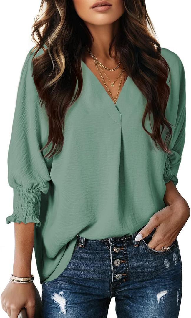 Dokotoo Women Blouses Dressy Casual 3/4 Length Sleeve Womens Tops V Neck Collared Shirts Business Work Blouse, Small