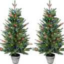 3FT Pre-Lit Christmas Tree, 2-Packs PE Branchs Xmas Tree with Color LED Lights, 8 Modes with 60 Led Lights Artificial Christmas Trees for Holiday Decoration Green