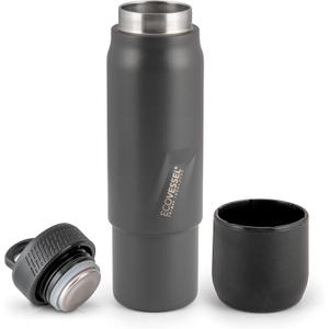 EcoVessel Stainless Steel Flask with Removable Shot Cup, Vacuum Insulated Bottle for Hot and Cold Drinks, Thermos with Folding Handle for Travel and Camping, 8oz (Gray)