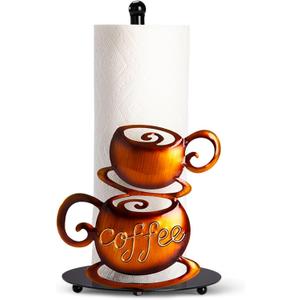 Standing Paper Towel Roll Holder Countertop for Coffee Lovers Women Men, Farmhouse Kitchen Decor and Accessories, Coffee Table Decor for Kitchen Home, 3D Hand-Painting Pattern, Metal