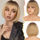 BARSDAR Short Bob Wig with Bangs - Short Blonde Ombre Bob Wigs with Bangs for Women - 12 Inch Chin-Length Blonde Wig with Dark Roots Natural Looking Soft Synthetic Hair Replacement Daily Halloween 