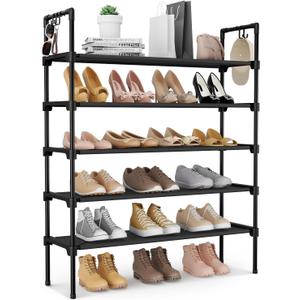LANTEFUL 5 Tier Shoe Rack for Closet Shoe Organizer with 5 Hooks, Long Shoe Shelf Storage for Shoe and Boot Stackable Free Standing Shoe Rack for Entryway, Garage, Small Spaces, Dorm, Black