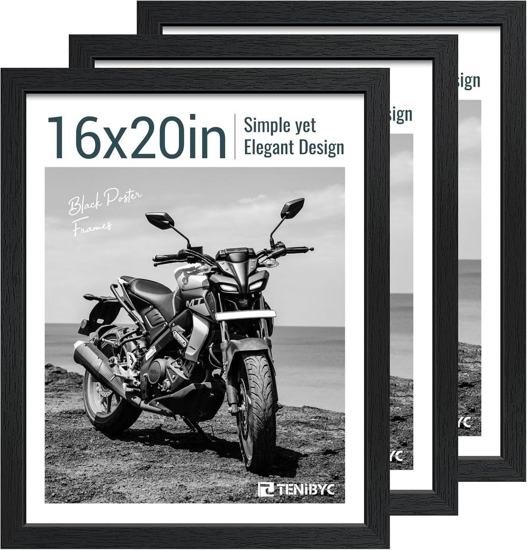16x20 Picture Frame Set of 3 - Black Woodgrain, Solid Wood, HD Tempered Glass, Wall Gallery Poster Frame