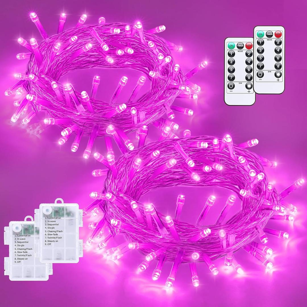 YEGUO Battery Operated String Lights, 2 Pack Each 33ft 100 LED Twinkle Fairy Lights Outdoor Waterproof, 8 Modes Clear Wire Pink Christmas Lights Indoor with Remote