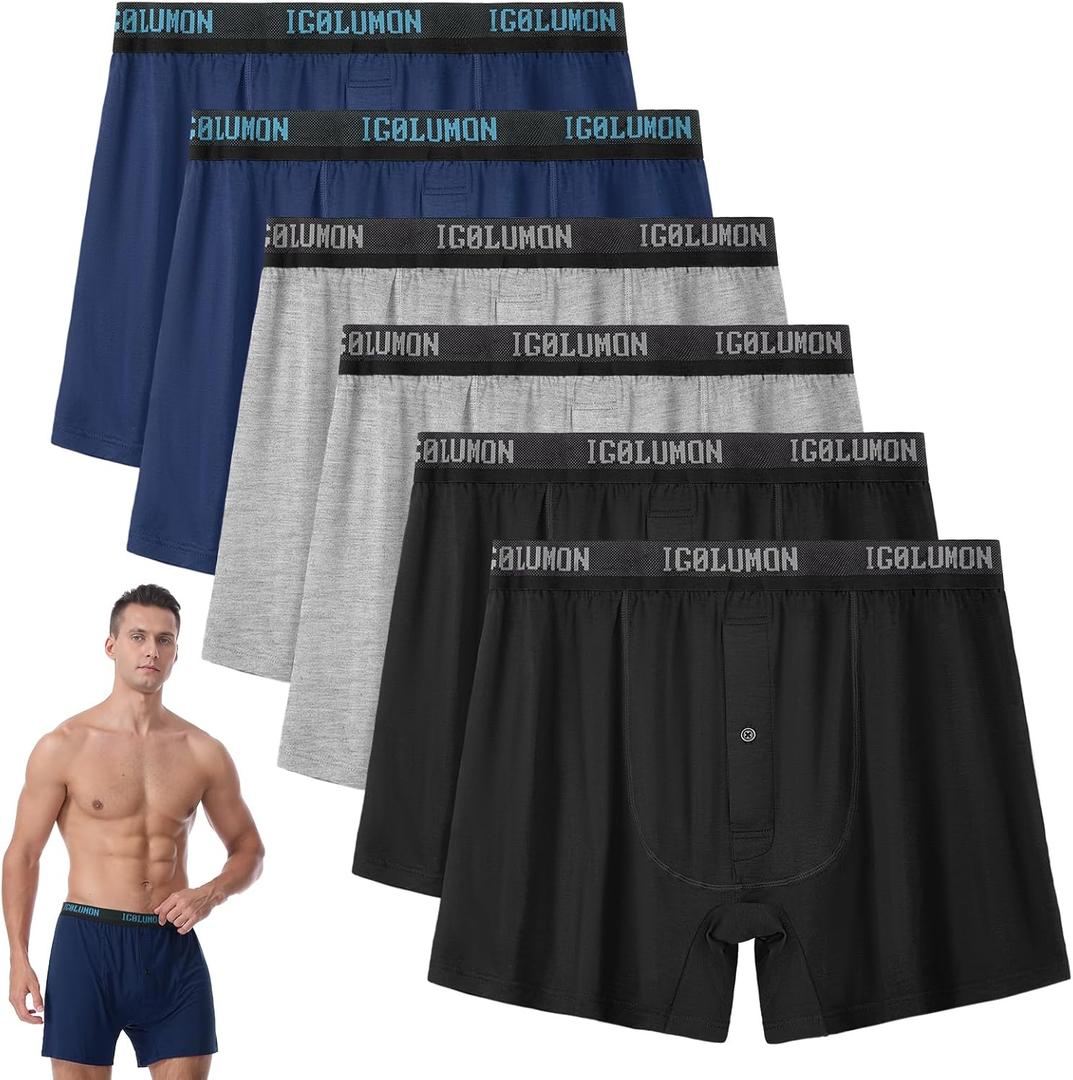 IGOLUMON Mens Underwear, Relaxed Fit Boxer Shorts 6 Pack, Bamboo Rayon Boxers for Men, Classic Boxer Shorts Button Fly (Medium, 2-black/2-grey/2-navy Blue)