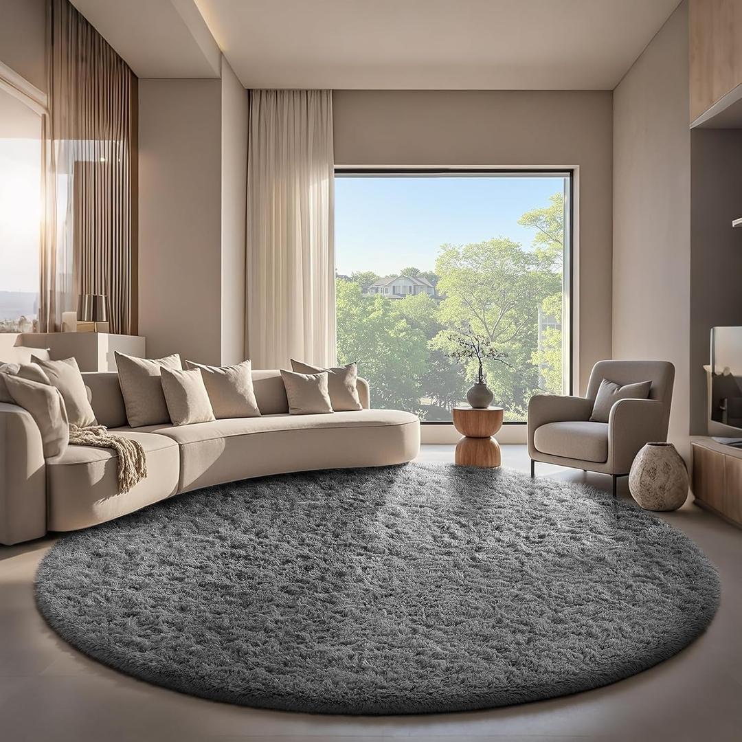 Ophanie Round Rug 7Ft Grey Circle Area Rugs, Large Fluffy Fuzzy Living Room Carpet 7 foot, Plush Shag Solid indoor Floor Gray Bedroom Christmas Circular Aesthetic Decor for Kids Teen Boys Baby, Nursery