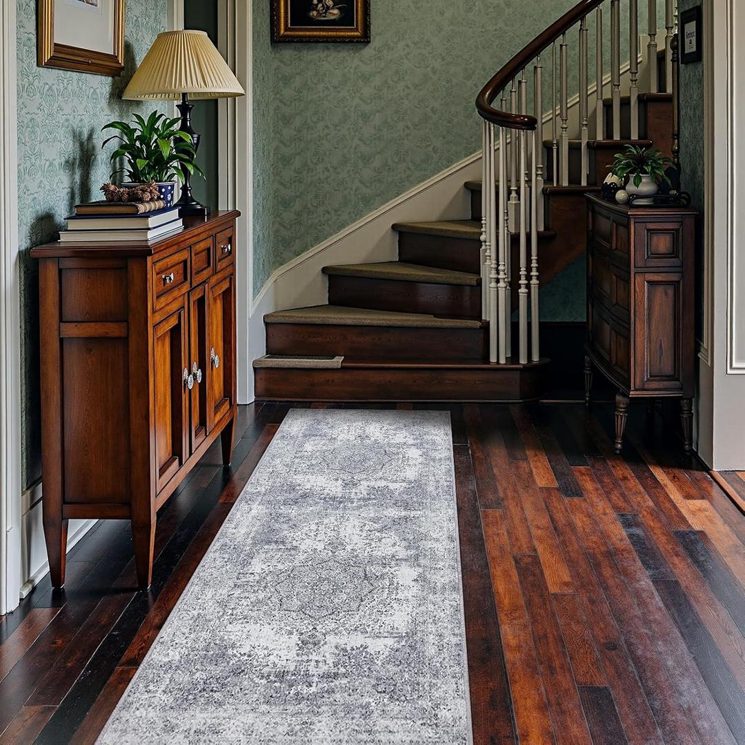 jinchan Runner Rug 2x6 Washable Hallway Rug Vintage Distressed Runner Gray Indoor Thin Traditional Floral Mat Lightweight Non Slip Carpet for Kitchen Bathroom Laundry Room Bedroom Living Room Grey