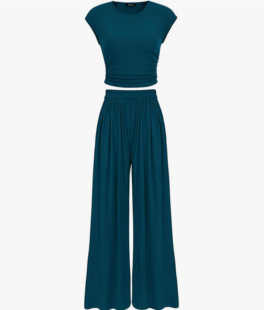 PRETTYGARDEN Women's Summer 2 Piece Outfits 2025 Cap Sleeve Ruched Slim T Shirt Ribbed Knit Wide Leg Pant Sets Tracksuit, Size L