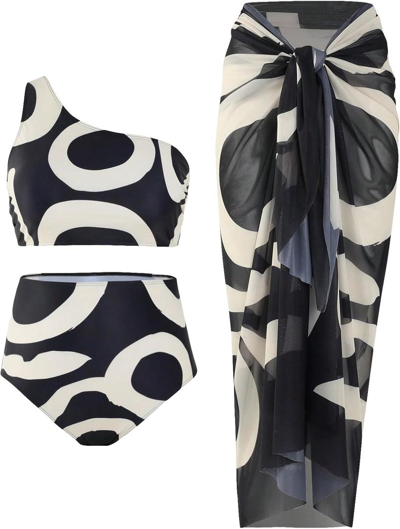 Floerns Women's Plus Size 3 Piece Bathing Suit One Shoulder Bikini Set with Cover Up (X-Large Plus, Black Multi)