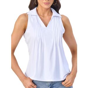 SUNNOW Women's Pintucked Collared Tank Top Sleeveless Shirt V Neck Work to Resort Blouse (White, M)