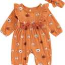 FOMOYUU Newborn Baby Girl My First Halloween Clothes Pumpkin Romper Jumpsuit Fall Outfits Ruffle Long Sleeve with Headband (Orange)