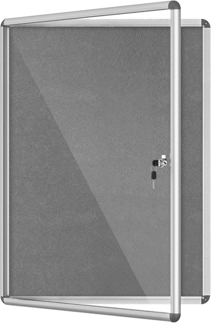 Mifuro 38"x28" Enclosed Bulletin Board, Lockable Weather-Resistant Aluminum Cork Noticeboard for School & Office, Silver Frame w/Grey Flet