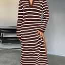 Saodimallsu Womens Striped Sweater Dress Fall Chunky Knit V Neck Collared Long Sleeve Sexy Slit Loose Midi Dresses (Brown)
