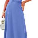 Dokotoo Women's 2 Piece Summer Outfits Casual Crewneck Short Sleeve Ruched Knit Tops Elastic Waist A-Line Midi Skirt Set (Blue, S)