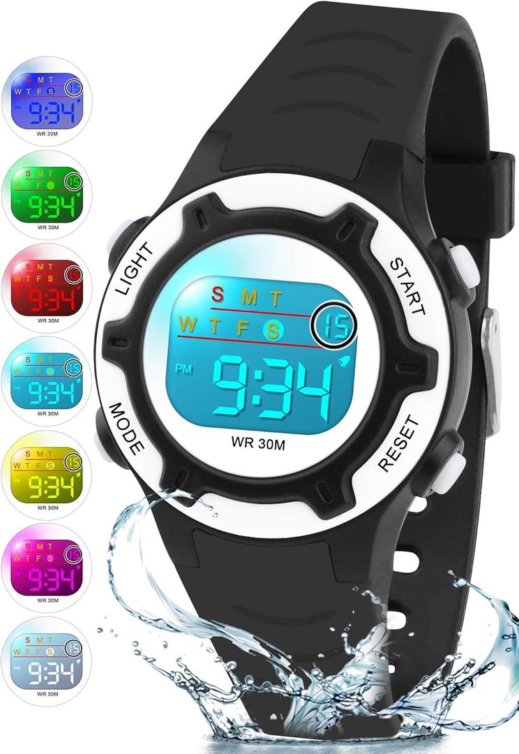 DTKID Digital Kids Watch 30 M Waterproof, 7 Color Lights Time Teaching Watch Easy to Read for Girls Boys 5-16 (Black-White)