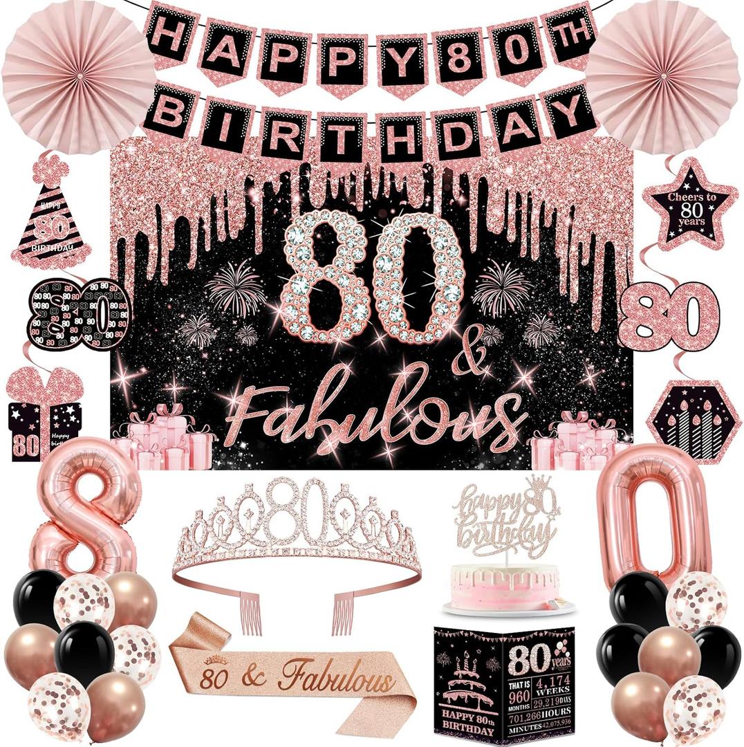 80th Birthday Decorations for Women,32PCS 80th Birthday Party Decorations,Including Backdrop, Crown, Sash, banner, Hanging Swirl,Cake Topper,balloons,Paper Fans,Anniversary Card and paper fans