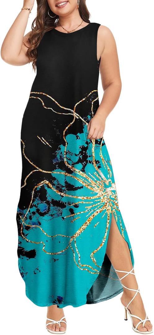 Wolddress Womens 2025 Plus Size Sleeveless Tank Dress Casual Loose Sundress Split Summer Beach Long Maxi Dresses with Pockets Gilding Floral 3XL