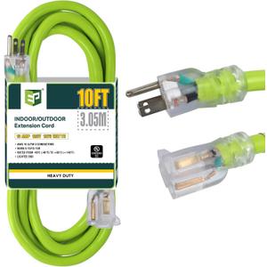 EP 10 Ft Lighted Outdoor Extension Cord - 10/3 SJTW Heavy Duty Green Extension Cable with 3 Prong Grounded Plug for Safety, UL Listed