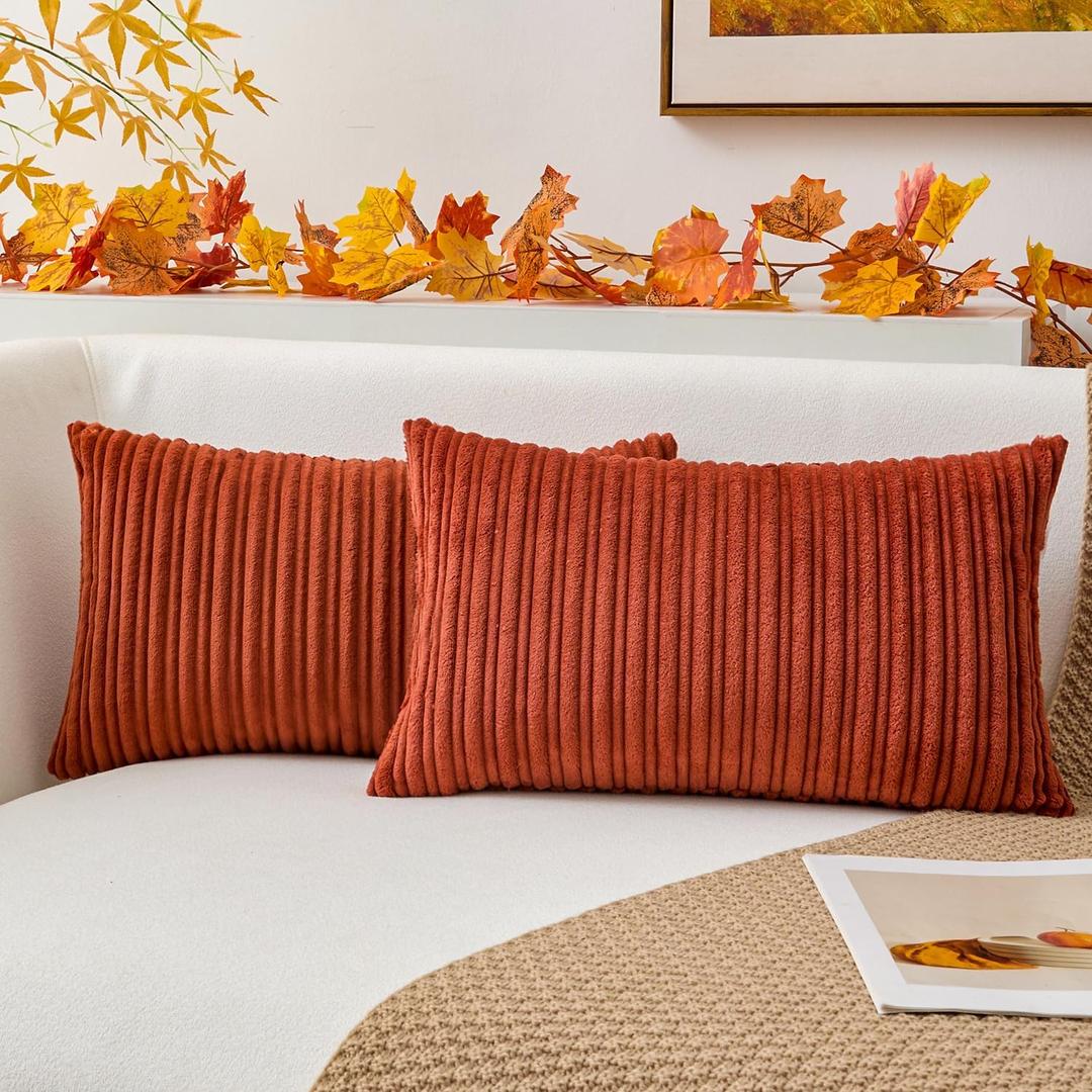 Kevin Textile Soft Stripe Corduroy Pillow Covers Pack of 2, Soild Plush Decorative Lumbar Cushion Cases for Home Decor Sofa Couch Bed Chair 12x20 Inch/30x50 cm (Burnt Brick)