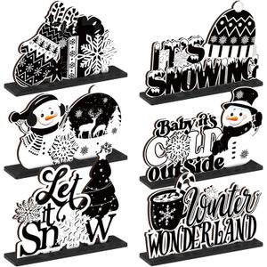 6 Pcs Winter Wooden Table Decor Snowflake Snowman Wooden Centerpieces Wonderland Decor for Winter It's Snow Theme Xmas Birthday Baby Is Cold Outside Party Supplies(Black White)