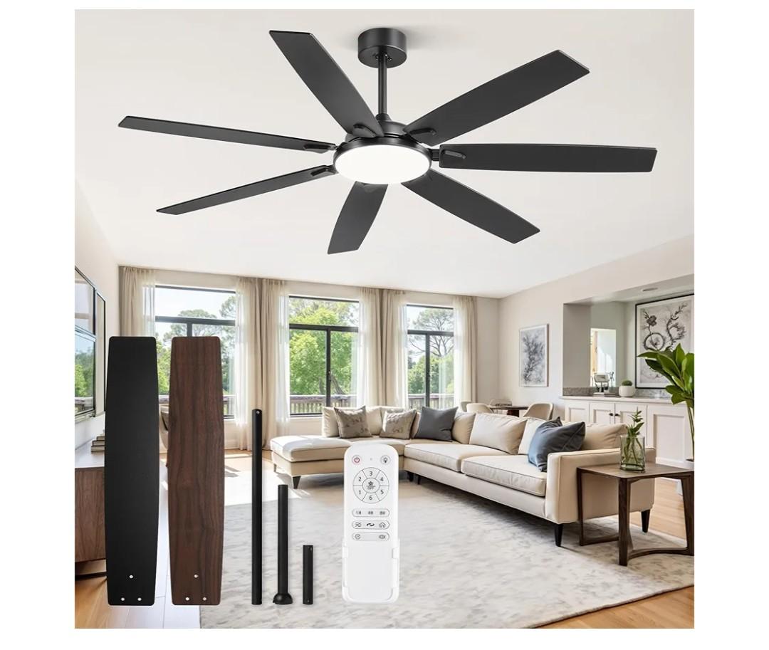 24 Inch Large Ceiling Fans with Lights and Remote, Black Modern Ceiling Fan with 3CCT LED Light, Quiet DC Motor,Indoor/Outdoor Ceiling Fan with 7 Dual Finish Blades for Living Room, Patio