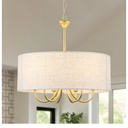 6-Lights Gold Drum Chandelier for Dining Room, 18" Modern Farmhouse Chandelier with White Linen Shade, Height Adjustable Hanging Light Fixture for Kitchen Island Bedroom Living Room Entryway