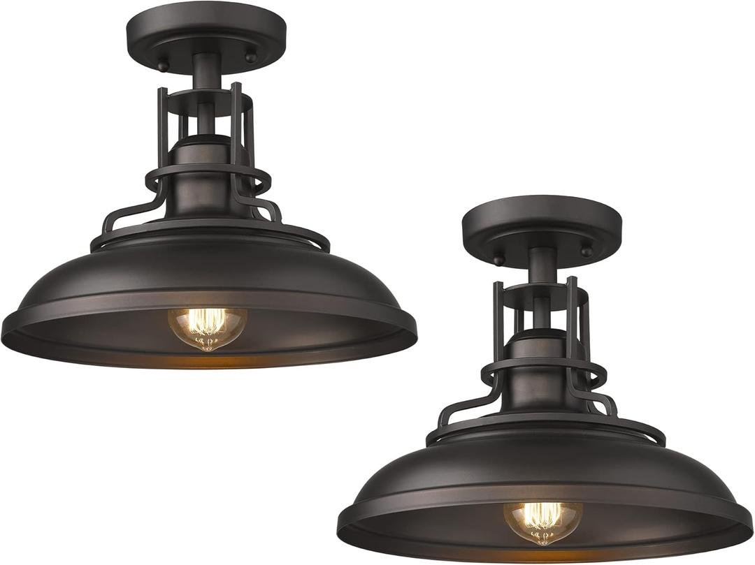 FEMILA Industrial Semi Flush Mount Light Fixture, 2 Lights Farmhouse Ceiling Light Fixture for Porch, Hallway,Kitchen,Bedroom,12 inches Oil Rubbed Bronze Finish, 4FY15-F-2PK ORB