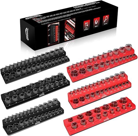 GOOACC Magnetic Socket Organizer Set, 6 Pieces Magnetic Socket Holder 1/2", 1/4", 3/8" Drive Metric & SAE Socket Tool Set, Socket Organizer Tray for Tool Box Drawer Holds 143 Standard Sockets