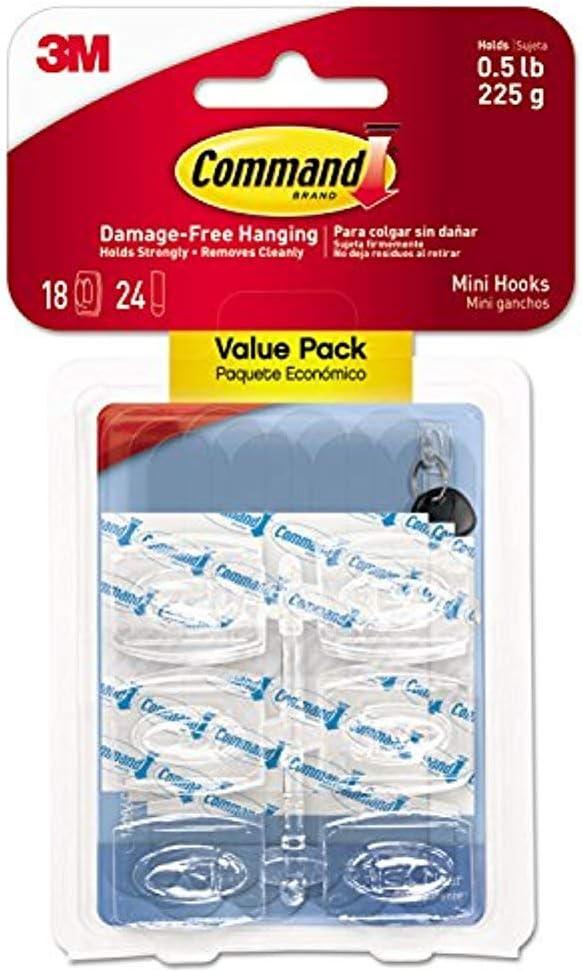 3M 17006CLR-18ES Clear Hooks w/Adhesive Strips, 18-Hook Pack - Quantity 4