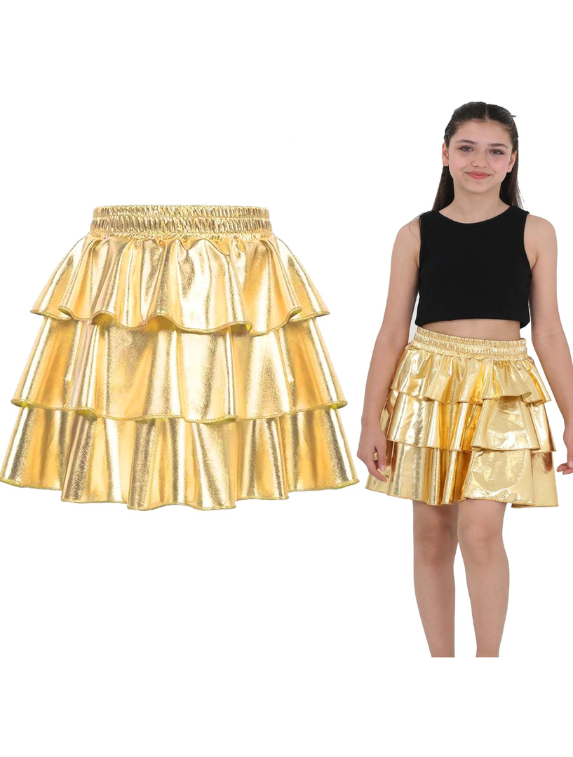 Girls Metallic Skirt 3-Layer Ruffle Sparkly Shiny Dance Party Skirt, 6-7 years old