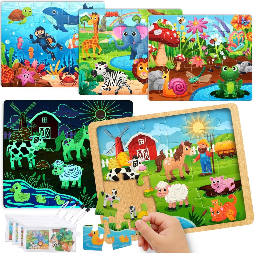 SYNCFUN 4-in-1 Animal Wooden Puzzles Glow in The Dark Toys, 24 & 35 PCS Montessori Puzzles Board Toys for Toddlers Ages 3-5, Farm, Ocean, Zoo, Insect Themes, Birthday Valentine Easter Gifts for Kids