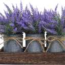 Set of 3 Small Potted Plants Arrangement Artificial Lavender Flower Plants in Rustic Galvanized Metal Pots with Decorative Wood Tray for Farmhouse Table Centerpiece Windowsill Country Indoor Decor