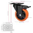 4" Caster Wheels, Casters Set of 4 Heavy Duty - Orange Polyurethane Castors, Top Plate Swivel Wheels, 4-Pack Industrial Casters with Brake, Locking Caster for Furniture and Workbench