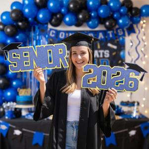 2 x Xuhal 2 Pcs 2026 Senior Sign Glitter Senior 2026 Photo Props Blue and Black 3D Graduation Decorations Grad Night Party Photoshoot Supplies School Graduate Decorations