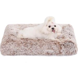 Bedfolks Waterproof Crate Bed, Plush Dog & Cat Bed with Removable Washable Cover, Faux Fur Kennel Pad, 23"x18", Brown