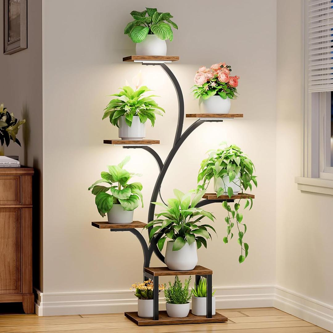 Plant Stand Indoor with Grow Lights, 7 Tiered Indoor Plant Shelf, 49" Corner Plant Stands for Indoor Plants, Metal Plant Flower Display Shelf, Tree-Shaped Plant Rack for Home, Patio, Brown