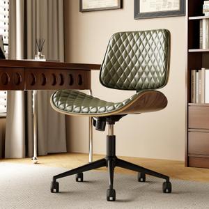 Armless Home Office Desk Chair with Wheels, No Arms Height PU Leather Office Chair, Mid Back 360 Swivel Ergonomic Computer Chair, Walnut Curved Seat Design No-Arm Chair (All-Green)