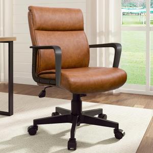 Artswish Brown Leather Office Chair, Mid-Back Ergonomic Computer Chair with Wheels Arms, 360 Swivel Adjustable Task Chair with Rolling Casters for Home Office, Bedroom, Study