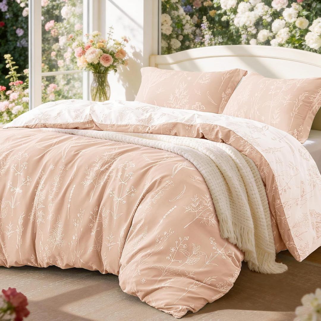Love's cabin Pink Full Size Comforter Set - Full Comforter Set, 3 Pieces Cute Floral Bedding Sets for All Seasons,1 Soft Reversible Botanical Flowers Comforter and 2 Pillow Shams