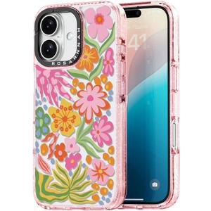 Compatible for iPhone 16 Case Cute - Durable Shockproof 6.6 ft Drop Impact Phone Case - Glitter Pink Funny Passion Flower Design for iPhone 16 6.1"