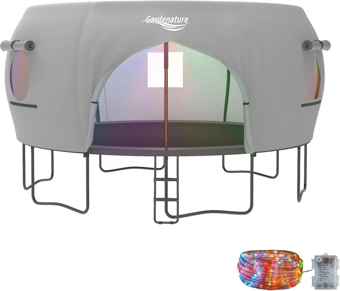 Gardenature 14FT Trampoline Tent(Tent Only), Fit for 8 Curved Poles Round Trampolines, Shade Cover with LED Light, Outdoor Trampolien Accessories, Anti-Tear, Gray