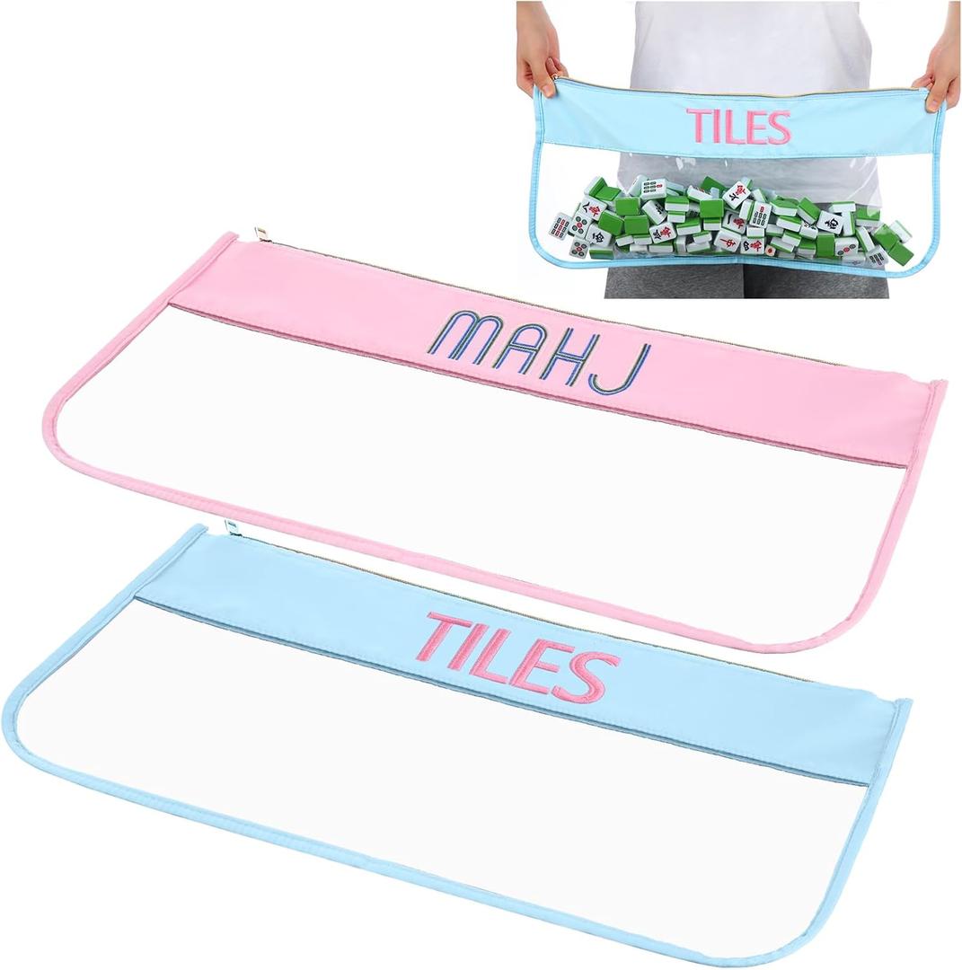 2 Pcs Empty Mahjong Tile Bag 20.9 x 9.45 Inch American PVC Clear Mahjong Case Size 166 Waterproof Zippered Storage Tile Holder Rack Bag for Game Lover Gift Travel, Case Only(Blue,Pink)