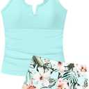 TyeSmo Girls Swimsuit V-Neck Cutout Tankini Tropical Print Swimwear with Shorts 2 Piece Bathing Suit for Girlssi 11-12 Y