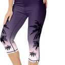 Women Water Sport Leggings Purple Gradient Print Cocos Tree UV Protection High Waisted Quick Dry Sleek Swim Short, XL