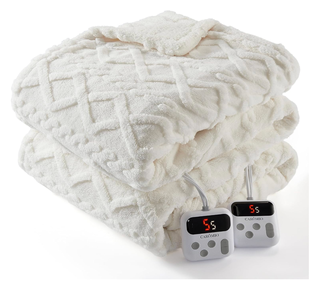 CAROMIO Electric Blanket King Size Dual Control - Thick Tufted Sherpa Heated Blanket with 10 Heating Levels and 10 Time Settings, ETL Certified Fast Heating Blankets King Size 90"×100", White