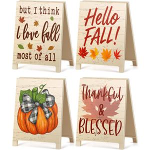 4Pcs Hello Fall Decorations for Home Thanksgiving Decor Desk Sign Gifts for Coworkers Friends I Love Fall Most Of All Thankful Blessed Plaque for Farmhouse Garden Yard Autumn Decor White Elephant Gift